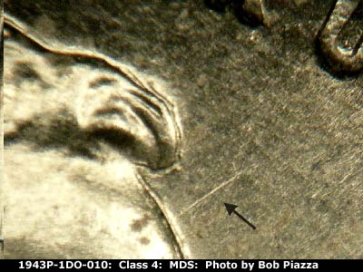 Die-stage B marker on 1943P•1DO•010 (1943 Doubled Die Obverse).