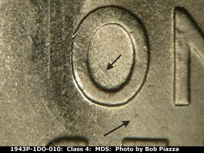 Die-stage B marker on 1943P•1DO•010 (1943 Doubled Die Obverse).