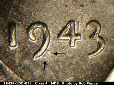 Die-stage B marker on 1943P•1DO•012 (1943 Doubled Die Obverse).