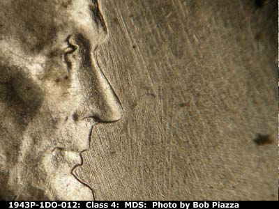 Die-stage B marker on 1943P•1DO•012 (1943 Doubled Die Obverse).