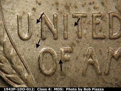 Die-stage B marker on 1943P•1DO•012 (1943 Doubled Die Obverse).
