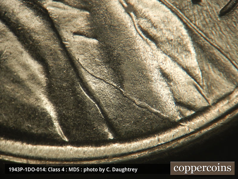Die-stage B marker on 1943P•1DO•014 (1943 Doubled Die Obverse).