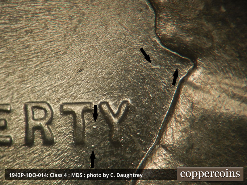 Die-stage B marker on 1943P•1DO•014 (1943 Doubled Die Obverse).