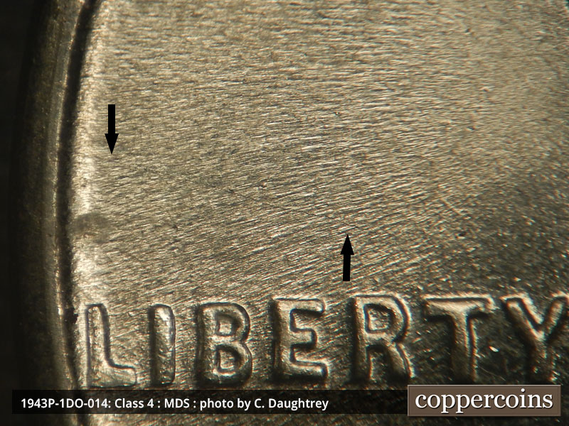 Die-stage B marker on 1943P•1DO•014 (1943 Doubled Die Obverse).