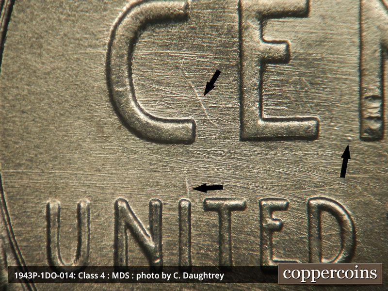 Die-stage B marker on 1943P•1DO•014 (1943 Doubled Die Obverse).