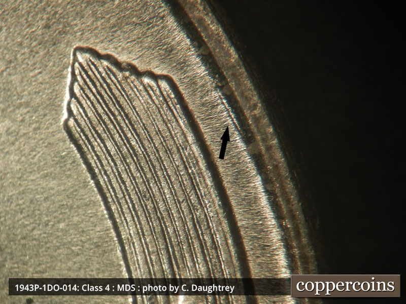 Die-stage B marker on 1943P•1DO•014 (1943 Doubled Die Obverse).