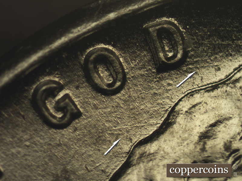 Die-stage B marker on 1943P•1DO•015 (1943 Doubled Die Obverse).