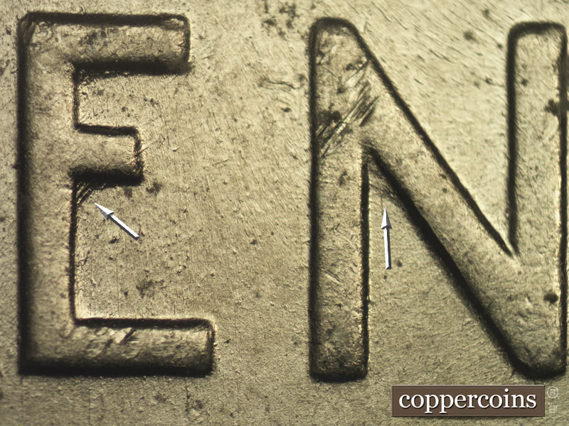 Die-stage B marker on 1943P•1DO•015 (1943 Doubled Die Obverse).