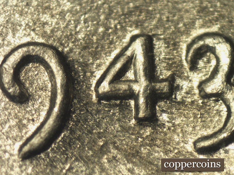 1943 Lincoln cent obverse, CopperCoins die 1943P•1DO•018.