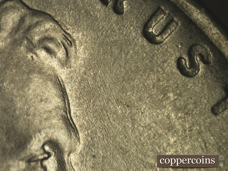 Die-stage B marker on 1943P•1DO•018 (1943 Doubled Die Obverse).
