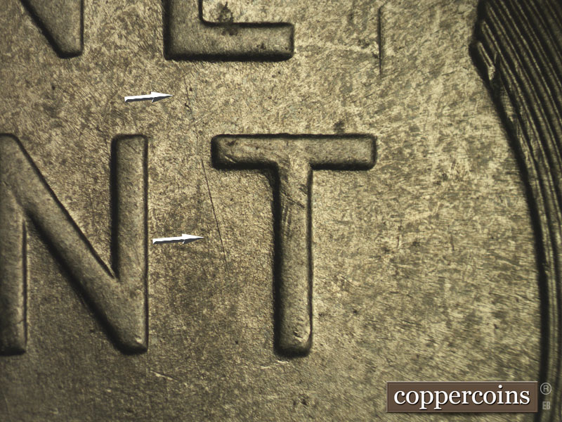Die-stage B marker on 1943P•1DO•018 (1943 Doubled Die Obverse).