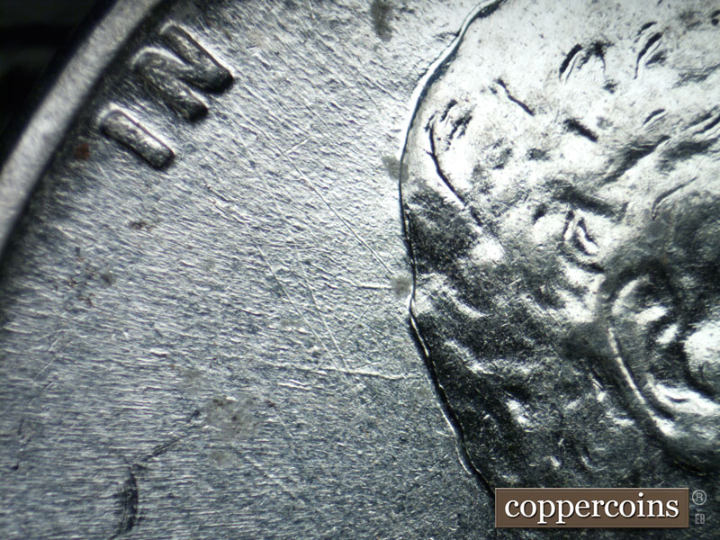 Die-stage B marker on 1943P•1DO•019 (1943 Doubled Die Obverse).