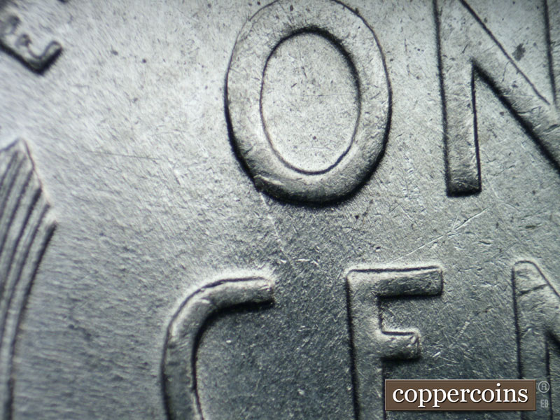 Die-stage B marker on 1943P•1DO•019 (1943 Doubled Die Obverse).