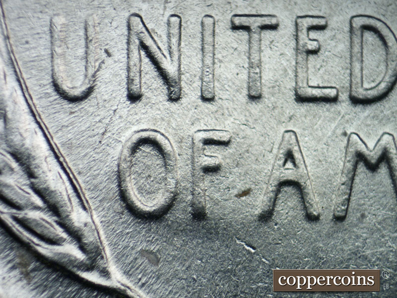Die-stage B marker on 1943P•1DO•019 (1943 Doubled Die Obverse).
