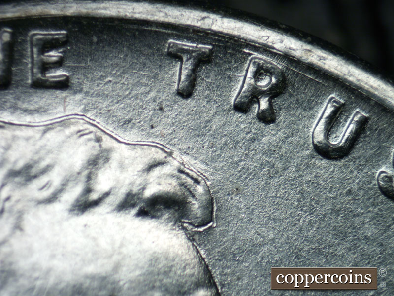 Die-stage B marker on 1943P•1DO•020 (1943 Doubled Die Obverse).