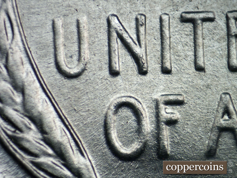 Die-stage B marker on 1943P•1DO•020 (1943 Doubled Die Obverse).