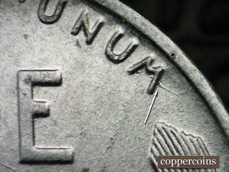Die-stage B marker on 1943P•1DO•021 (1943 Doubled Die Obverse).