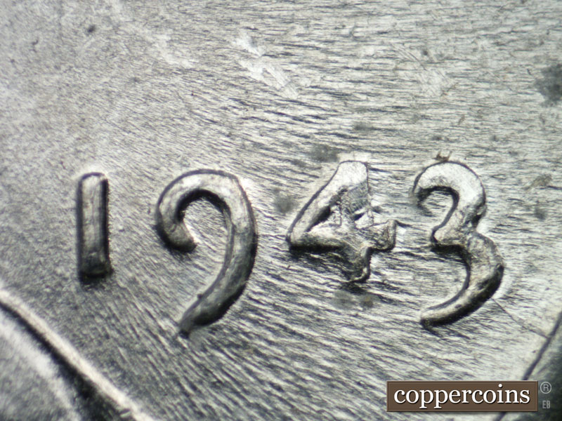 Die-stage C marker on 1943P•1DO•022 (1943 Doubled Die Obverse).