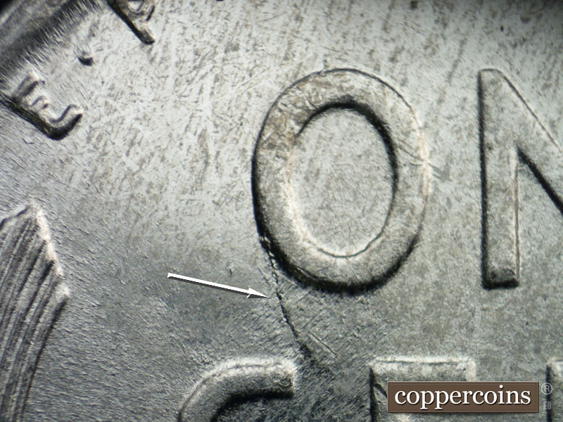 Die-stage C marker on 1943P•1DO•022 (1943 Doubled Die Obverse).