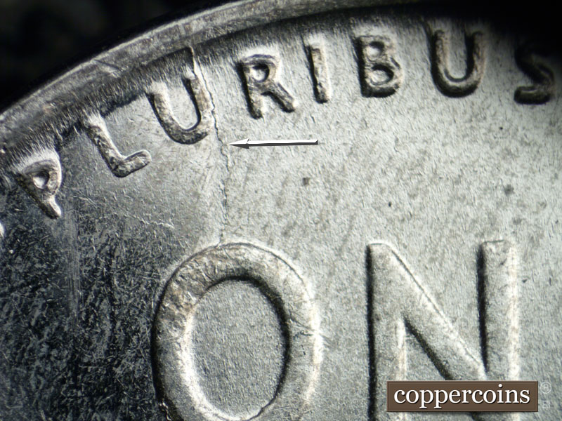 Die-stage C marker on 1943P•1DO•022 (1943 Doubled Die Obverse).