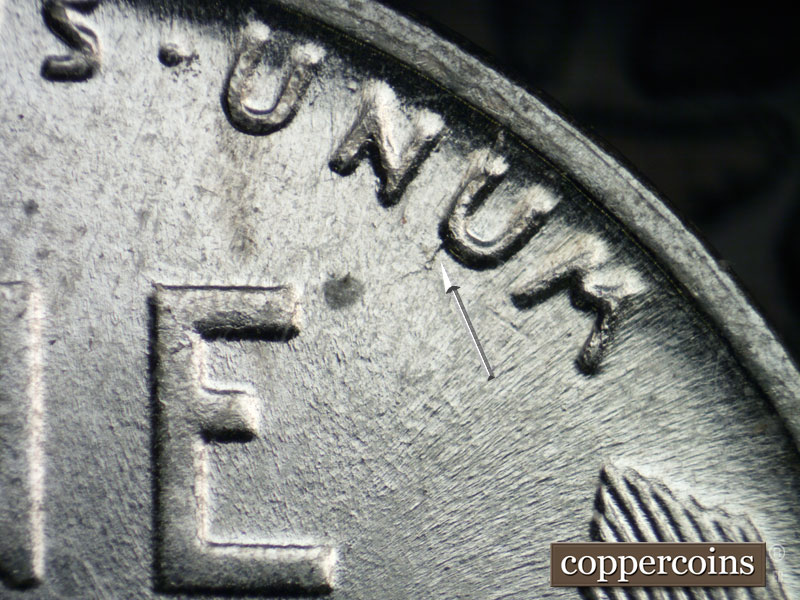 Die-stage C marker on 1943P•1DO•022 (1943 Doubled Die Obverse).