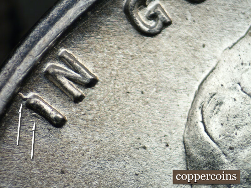 Die-stage B marker on 1943P•1DO•023 (1943 Doubled Die Obverse).