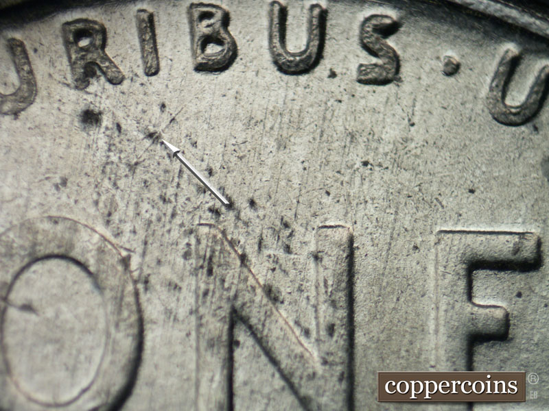 Die-stage B marker on 1943P•1DO•023 (1943 Doubled Die Obverse).
