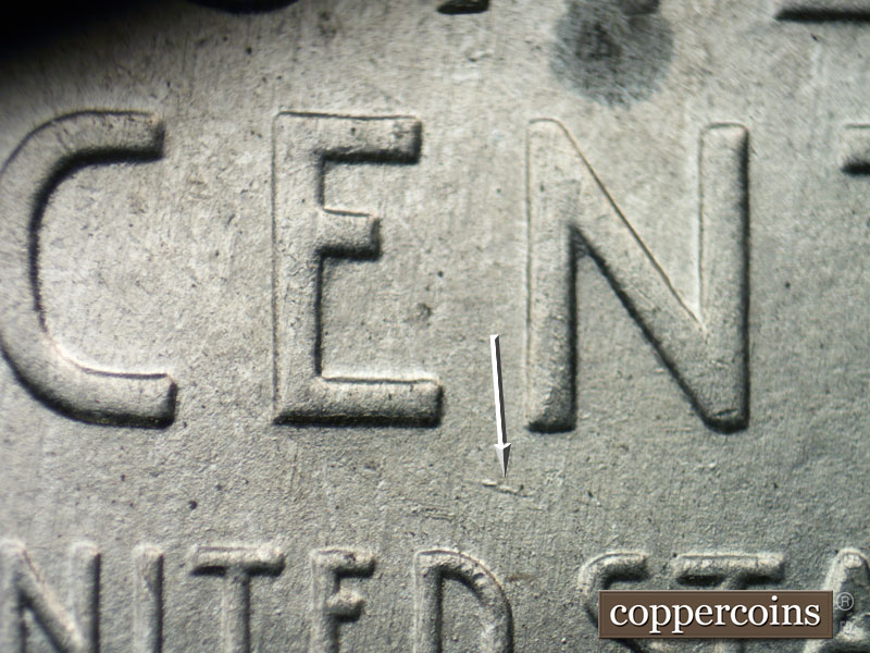 Die-stage B marker on 1943P•1DO•023 (1943 Doubled Die Obverse).