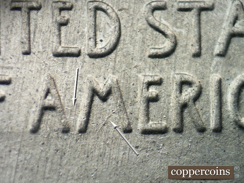 Die-stage B marker on 1943P•1DO•023 (1943 Doubled Die Obverse).