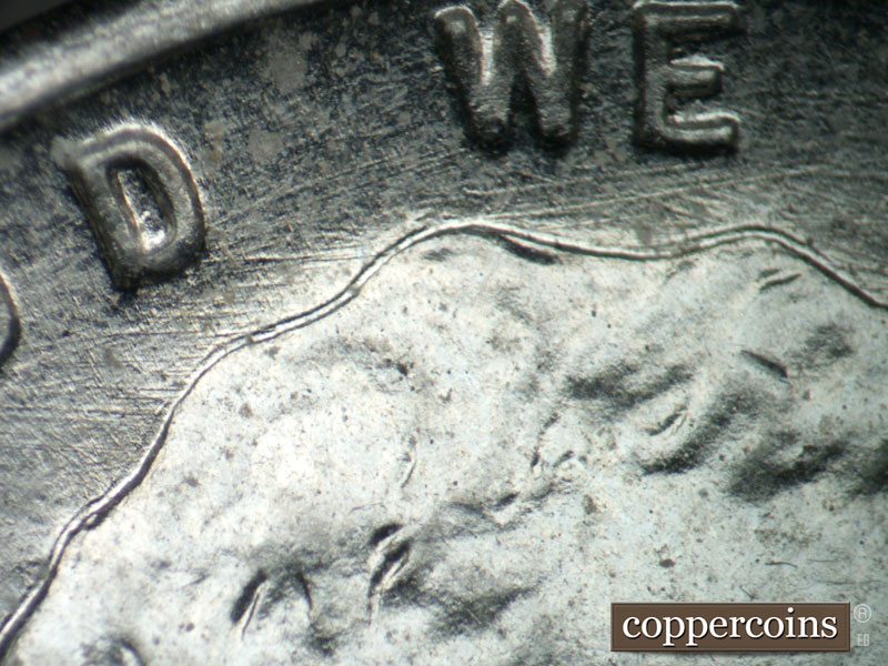 Die-stage B marker on 1943P•1DO•024 (1943 Doubled Die Obverse).