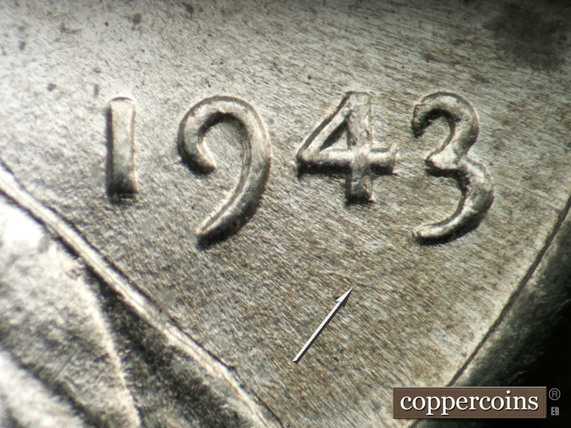 Die-stage B marker on 1943P•1DO•026 (1943 Doubled Die Obverse).