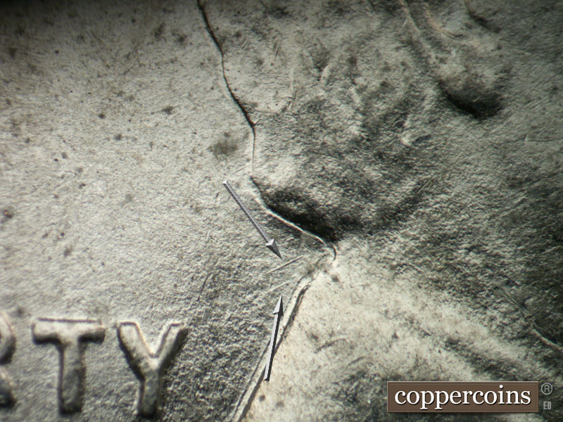 Die-stage B marker on 1943P•1DO•026 (1943 Doubled Die Obverse).