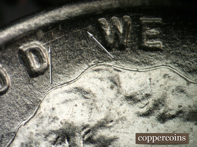 Die-stage B marker on 1943P•1DO•026 (1943 Doubled Die Obverse).