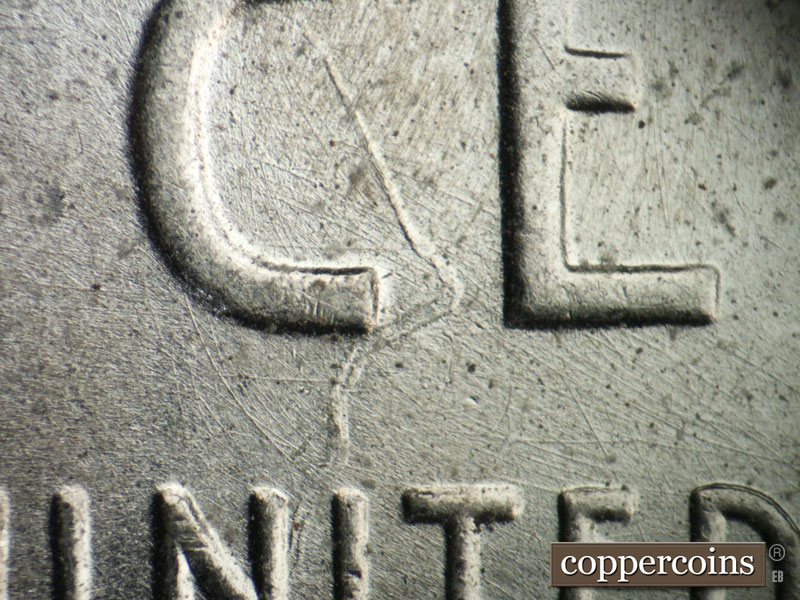 Die-stage B marker on 1943P•1DO•026 (1943 Doubled Die Obverse).