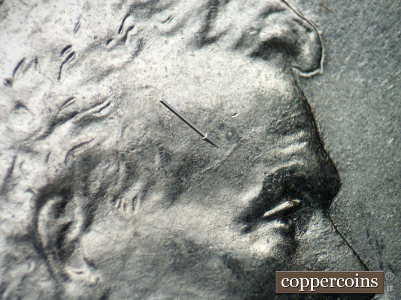 Die-stage B marker on 1943P•1DO•028 (1943 Doubled Die Obverse).