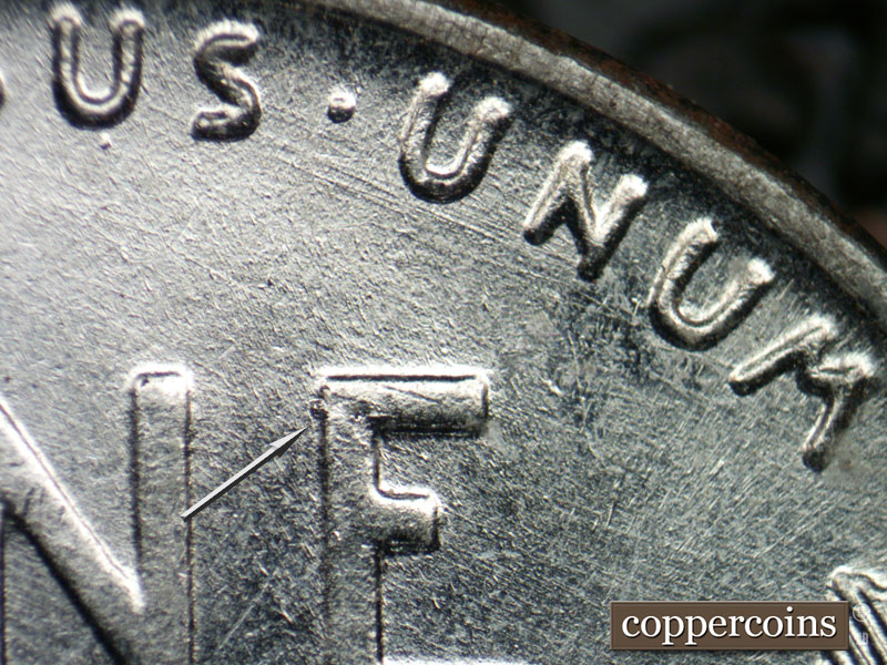 Die-stage B marker on 1943P•1DO•028 (1943 Doubled Die Obverse).