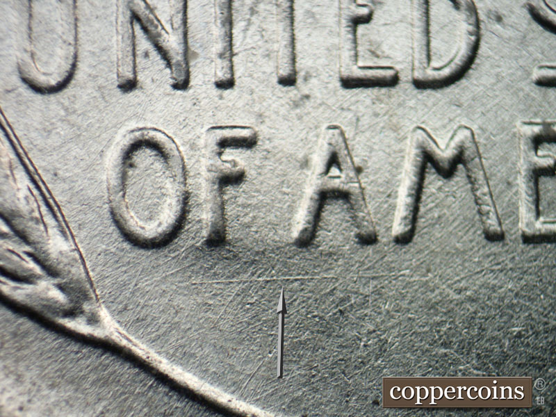 Die-stage B marker on 1943P•1DO•028 (1943 Doubled Die Obverse).