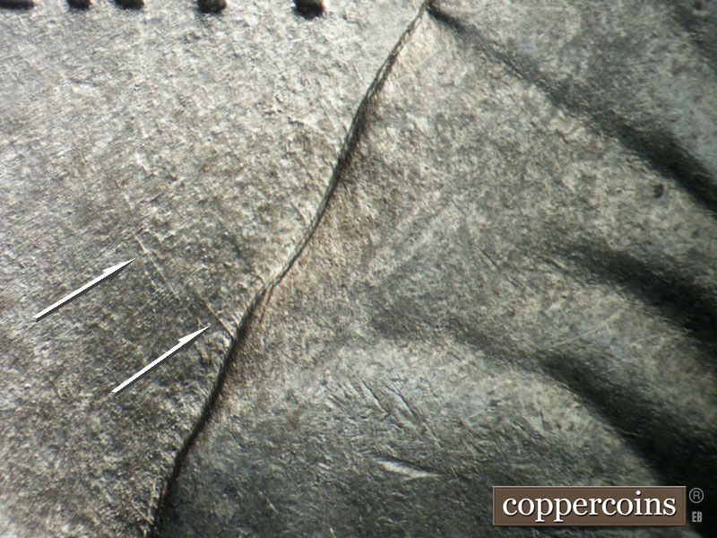 Die-stage B marker on 1943P•1DO•029 (1943 Doubled Die Obverse).