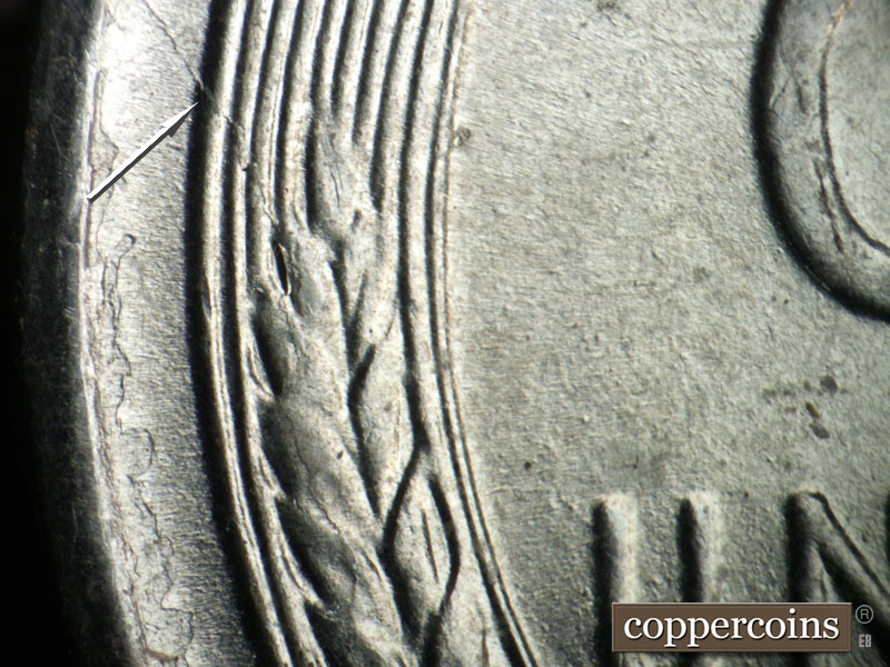 Die-stage B marker on 1943P•1DO•029 (1943 Doubled Die Obverse).