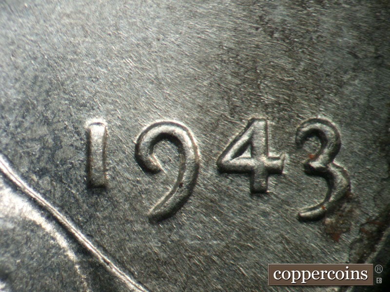 Die-stage B marker on 1943P•1DO•030 (1943 Doubled Die Obverse).