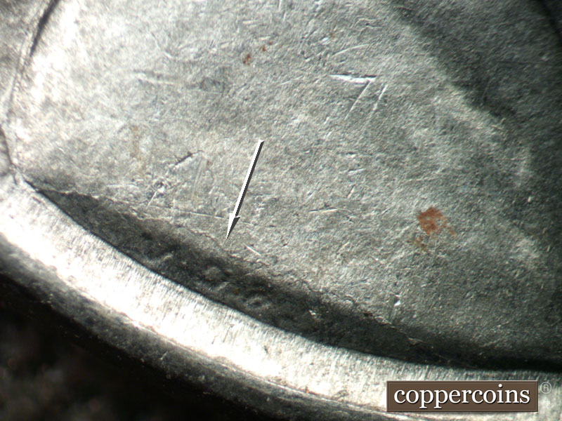 Die-stage B marker on 1943P•1DO•030 (1943 Doubled Die Obverse).