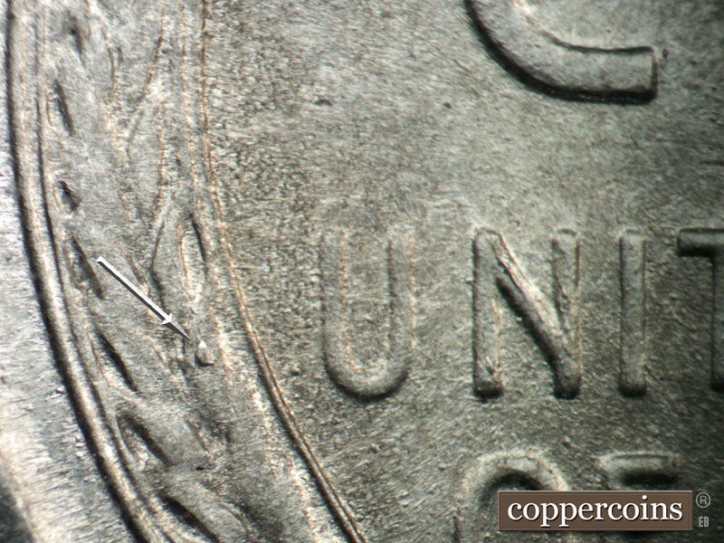 Die-stage B marker on 1943P•1DO•030 (1943 Doubled Die Obverse).