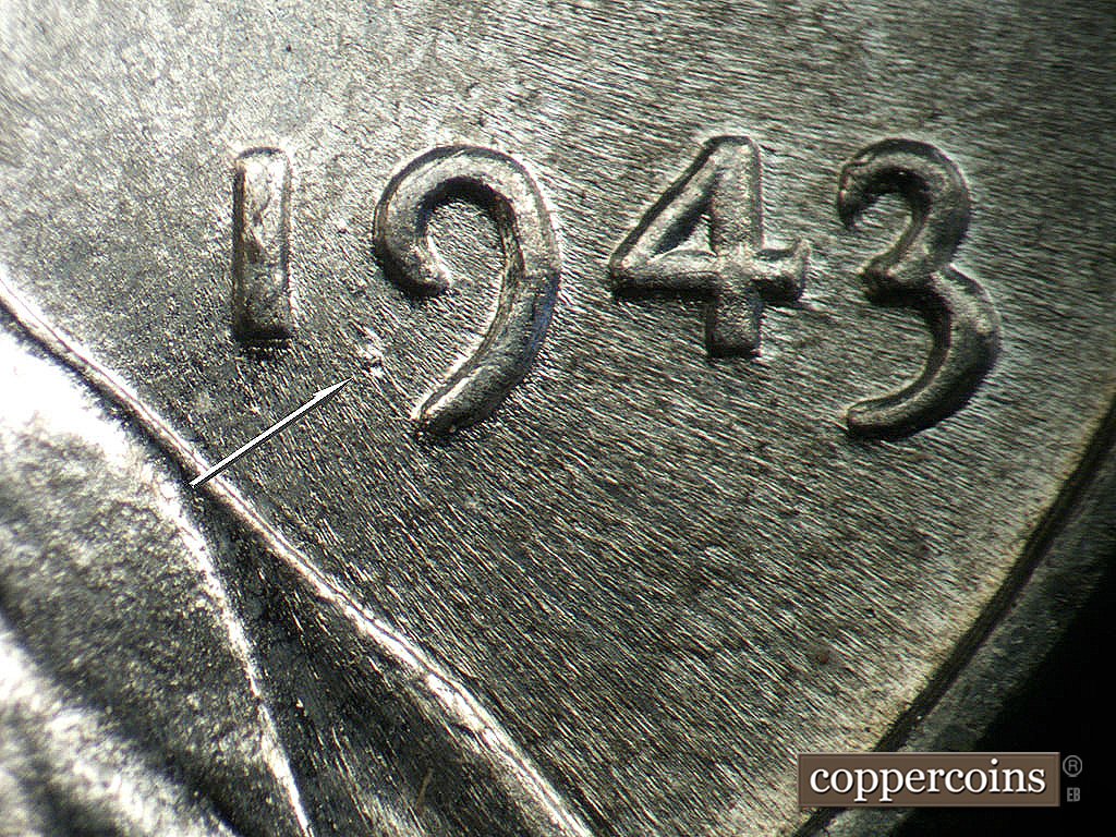 Die-stage A marker on 1943P•1DO•031 showing Die pitting between 19 in date.