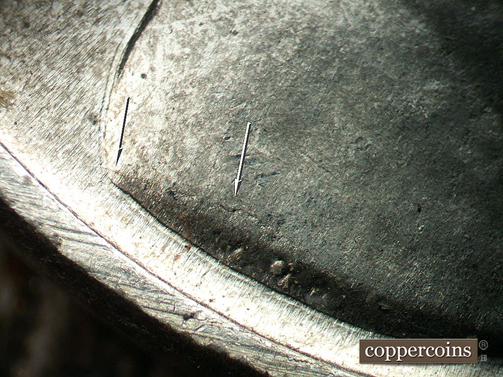 Die-stage A marker on 1943P•1DO•031 showing Light die crack from rim above VDB.