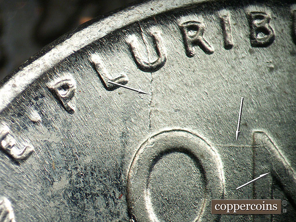 Die-stage A marker on 1943P•1DO•031 showing Die crack from rim, through U in PLURIBUS to O in ONE, Across to N in ONE.