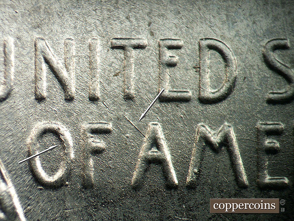 Die-stage A marker on 1943P•1DO•031 showing NE die scratches from first A in AMERICA, Die crack on O in OF.