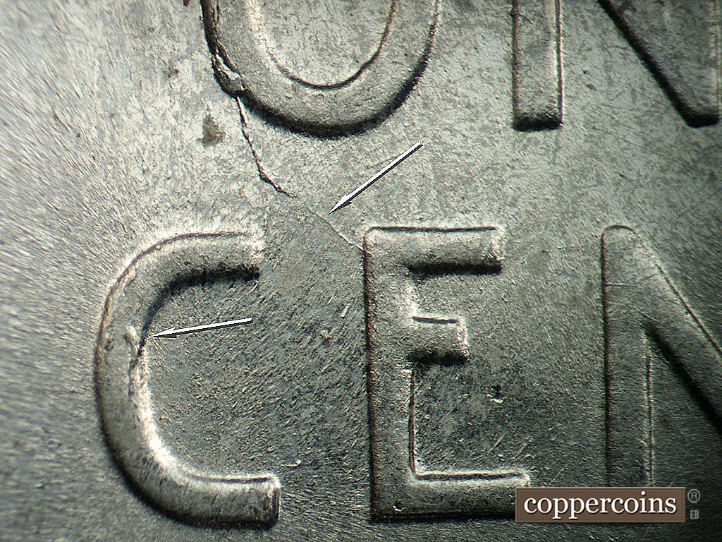 Die-stage A marker on 1943P•1DO•031 showing Die crack and chip on O in ONE down to E in CENT, Die crack on C of CENT.