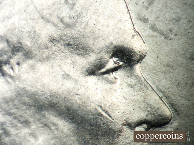 1943 Lincoln cent obverse, CopperCoins die 1943P•1DO•031 — Doubled eyelid north of primary.