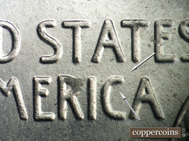 Die-stage B marker on 1943P•1DO•031 showing Curved die scratch below A in STATES, Curved die scratch fron inside C of AMERICA.