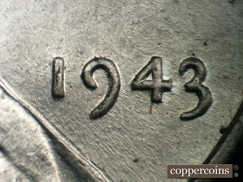 Die-stage B marker on 1943P•1DO•032 (1943 Doubled Die Obverse).